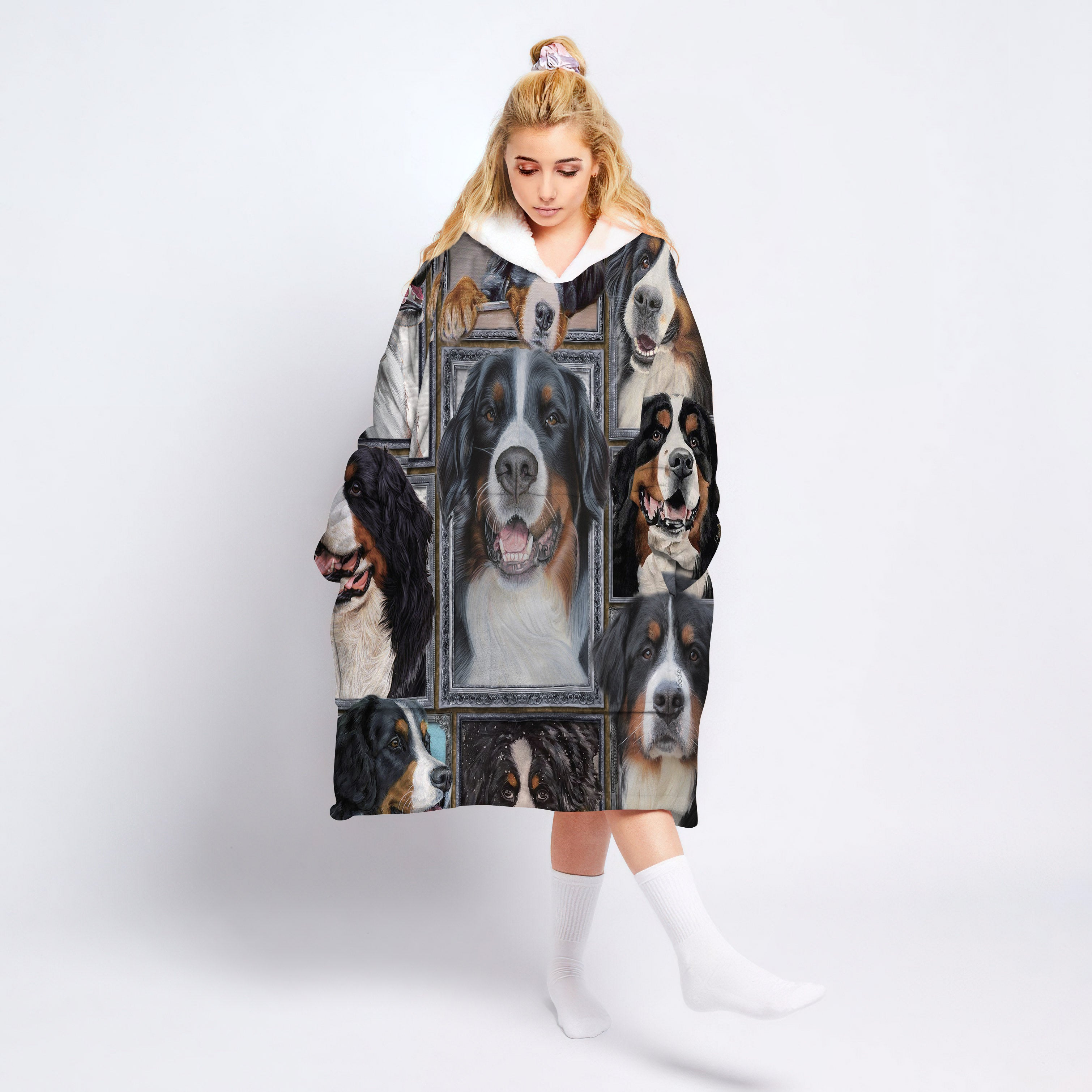 Bernese Mountain Dog Wearable Blanket Hoodie For Adult, Oversized Sherpa Blanket Sweatshirt With Hood Pocket And Sleeves