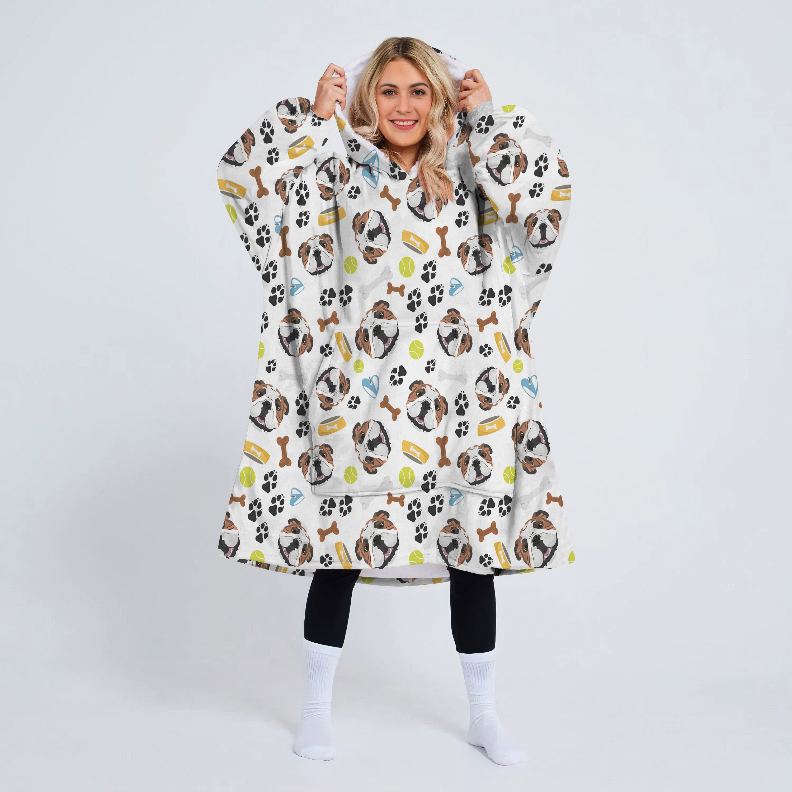 Illutration Smiling Bull Dog Face With Bone And Paw And Ball Wearable Blanket Hoodie For Adult, Oversized Sherpa Blanket Sweatshirt With Hood Pocket And Sleeves
