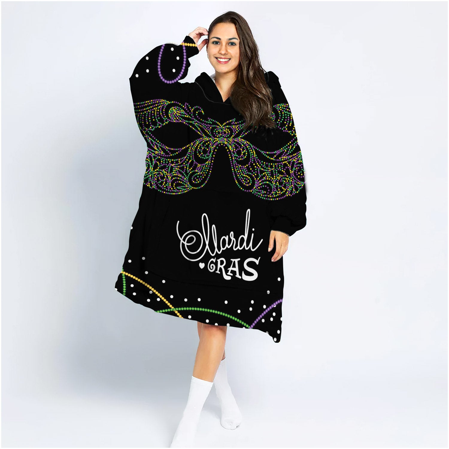 Oversized Sherpa Blanket Sweatshirt Gras Carnival Mask Graphic Black